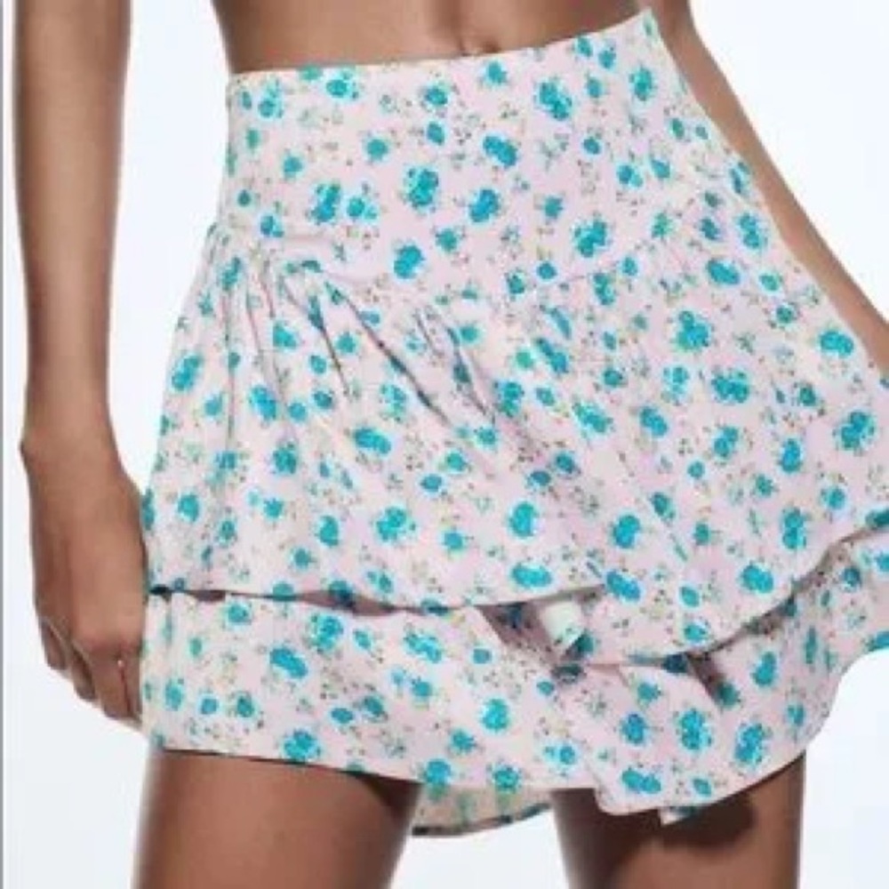 Zara Blue Ruffled Mini Skater Skirt